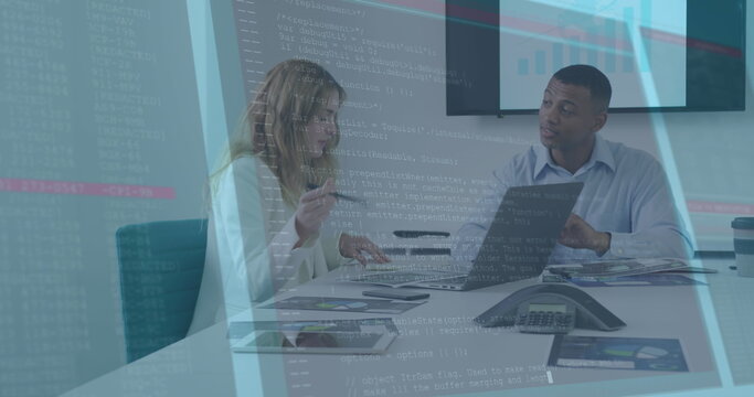 Image of data processing against diverse male and female colleagues discussing at office - Powered by Adobe