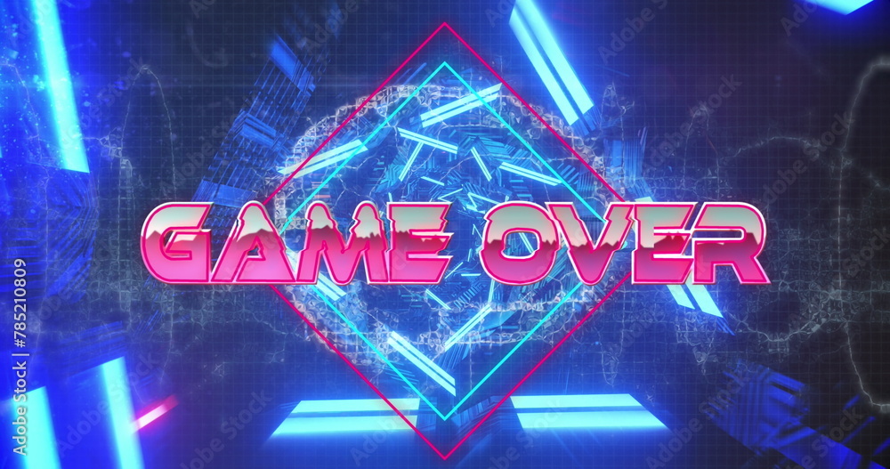 Poster image of game over ready text banner over neon blue glowing tunnel in seamless pattern