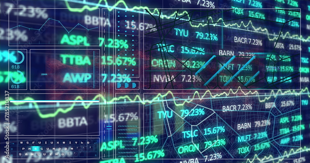 Poster image of trading board over graph, loading circles, navigation pattern and lines