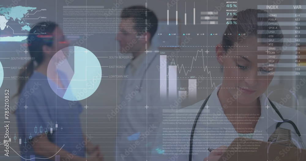 Aufkleber image of statistics and data processing over diverse doctors