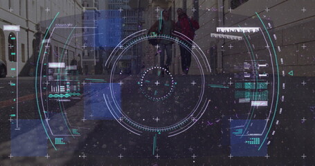 Image of scope scanning and data processing over diverse people walking on street