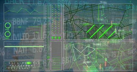 Image of lines, graphs, circles, navigation pattern, trading board on abstract background