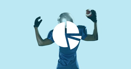 Image of shapes over african american male american football player on blue background