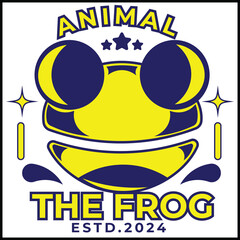 vector design illustration of animal the frog with a frog head in yellow and blue colors in a simple style. Suitable for logos, icons, posters, advertisements, banners, companies, t-shirt designs,.