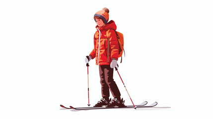A boy stands on skis in winter clothes flat vector isolated