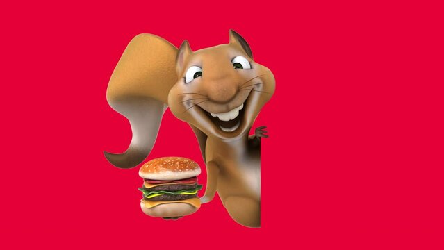 Fun 3D cartoon squirrel with a hamburger (with alpha channel included)