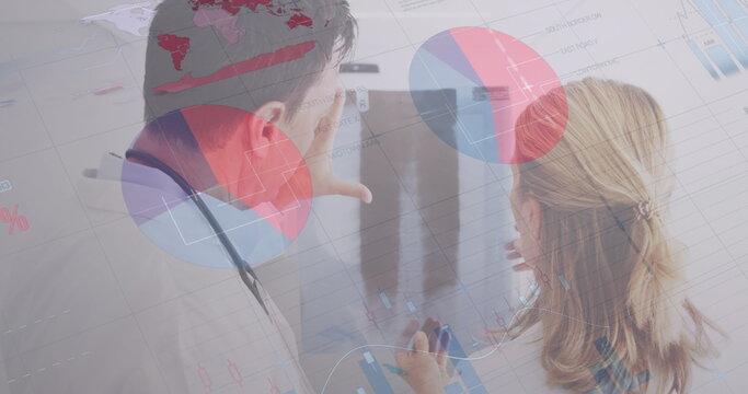Image of statistics and data processing over diverse doctors with x ray scan