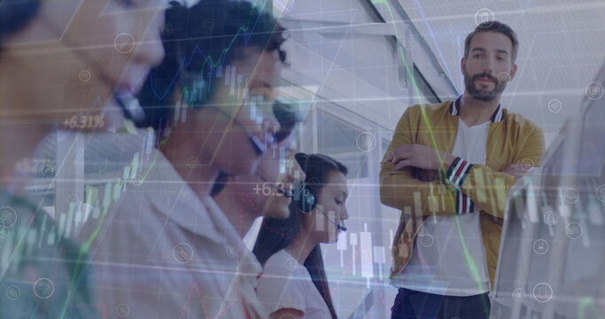 Image of infographic interface over multiracial coworkers using headphones, man looking at woman