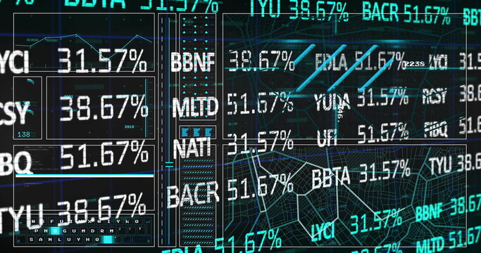 Image of trading board over lines, circles, keyboard, navigation pattern over black background