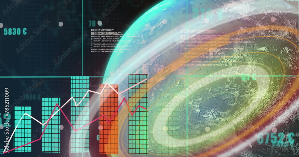 Poster image of graphs, data, numbers and globe on black background