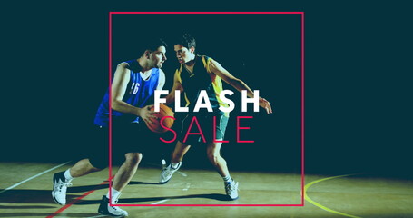 Naklejka premium Image of flash sale text over diverse basketball players on black background