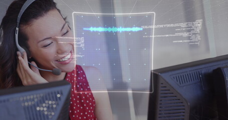Image of data processing over biracial businesswoman in office