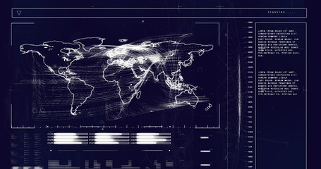 Image of data processing with world map on black background
