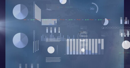 Image of multiple graphs, multicolored trading board and database over abstract background