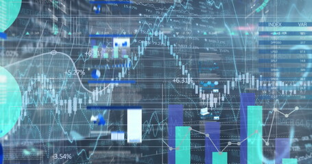 Image of multiple graphs, lens flare and trading board against abstract background