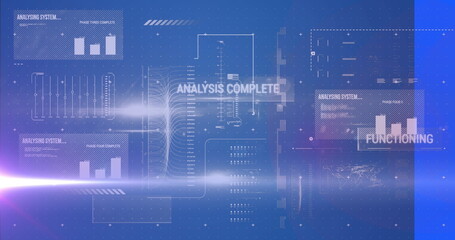 Image of light trails and data processing over blue background