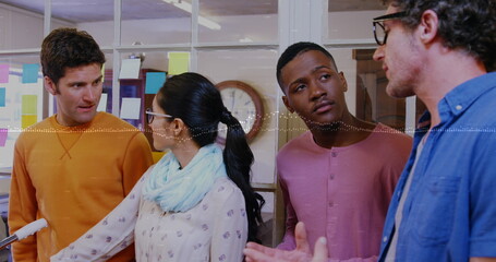 Image of financial data processing over diverse business people at office