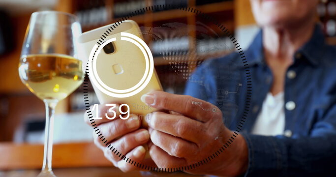 Image of data processing and globe over hands using smartphone
