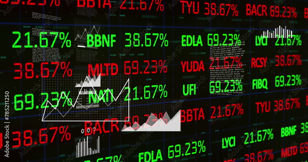 Aufkleber image of trading board over multiple graph, database, numbers against black background