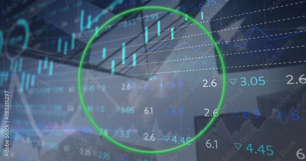 Poster image of circle, multiple graphs and trading board over low angle view of buildings