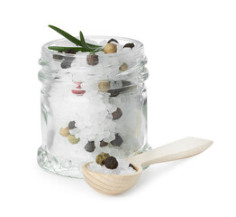 Salt with rosemary and peppercorns isolated on white