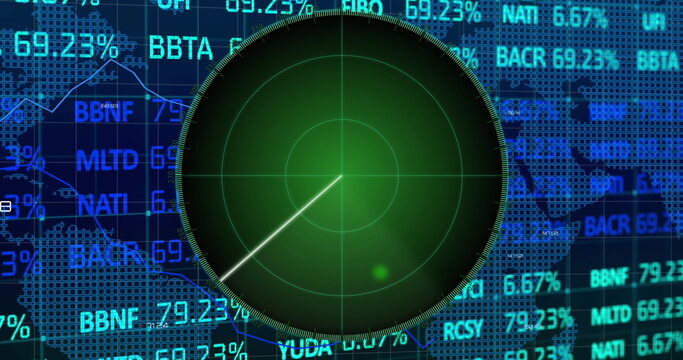 Image of targets on radar screen over bar graph, squares forming maps against trading board