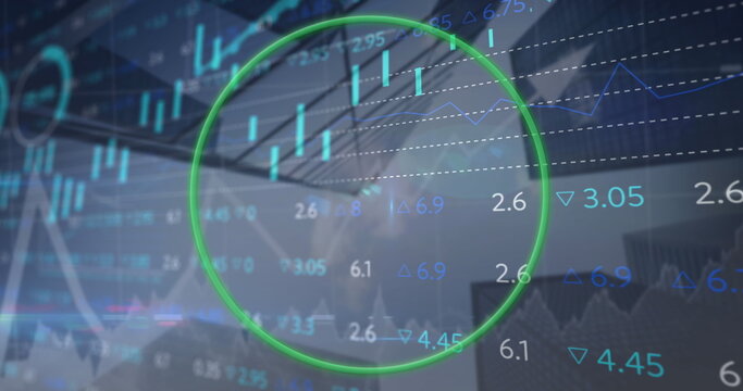 Image of circle, multiple graphs and trading board over low angle view of buildings