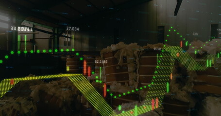 Image of financial graphs and data over warehouse with trash