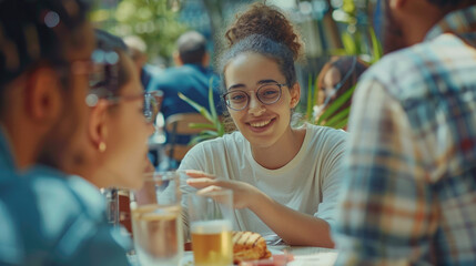 a group of friends having lunch at an outdoor table, smiling and chatting while one person looks on with their hand outstretched as if ready for the conversation