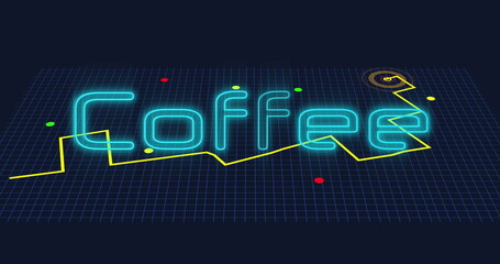 Image of neon blue coffee text banner over gps navigation map against black background