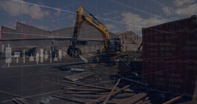 Image of financial graphs and data over junkyard - Powered by Adobe
