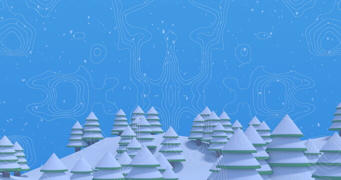 A white silhouette of santa claus in a sleigh being pulled by reindeers, with snow flakes falling an