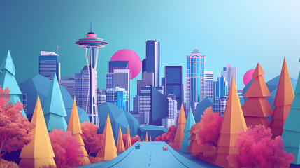 vector background of downtown with modern skyline and high mountain in background of Seattle city view Space needle at Washington State, United State of America, USA