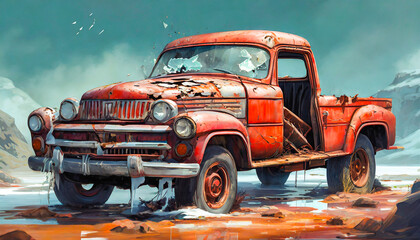 Rusty old red pickup truck with broken windshield - obrazy, fototapety, plakaty