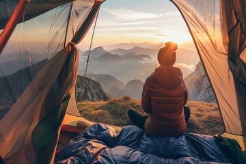 A woman is sitting in her tent at the top of an outdoor mountain, watching the sunrise over distant mountains while camping. using natural lighting, for the best photo rendering of cinematic lighting