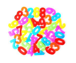 Colorful numbers on white background, top view