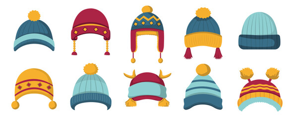 Sport ski snowboarding hats collection, set of autumn or winter cap, knit hat vector illustration, isolated on white background
