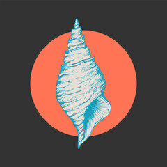 Seashell cone is hand drawn in stylized silhouette on red circle, round, dark background. Icon, logo, emblem.