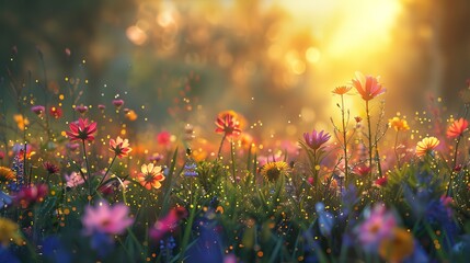 Blooming wildflowers, forest edge, close-up, eye-level view, dewy dawn, essence of spring 