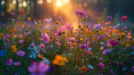 Blooming wildflowers, forest edge, close-up, eye-level view, dewy dawn, essence of spring