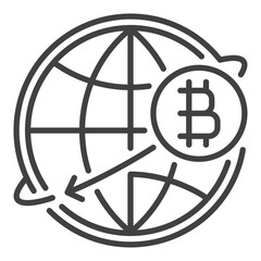Bitcoin around the World Globe vector Cryptocurrency icon or sign in outline style