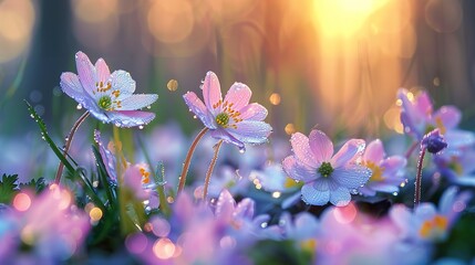 Blooming wildflowers, forest edge, close-up, eye-level view, dewy dawn, essence of spring 