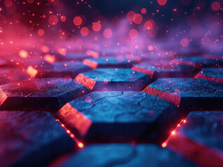 3D render of hexagon shaped tiles on the floor glowing with red light, creating an otherworldly and futuristic atmosphere. Created with Ai