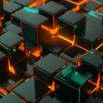 3d blocks, cubes, orange and blue lighting, black background, iPhone wallpaper