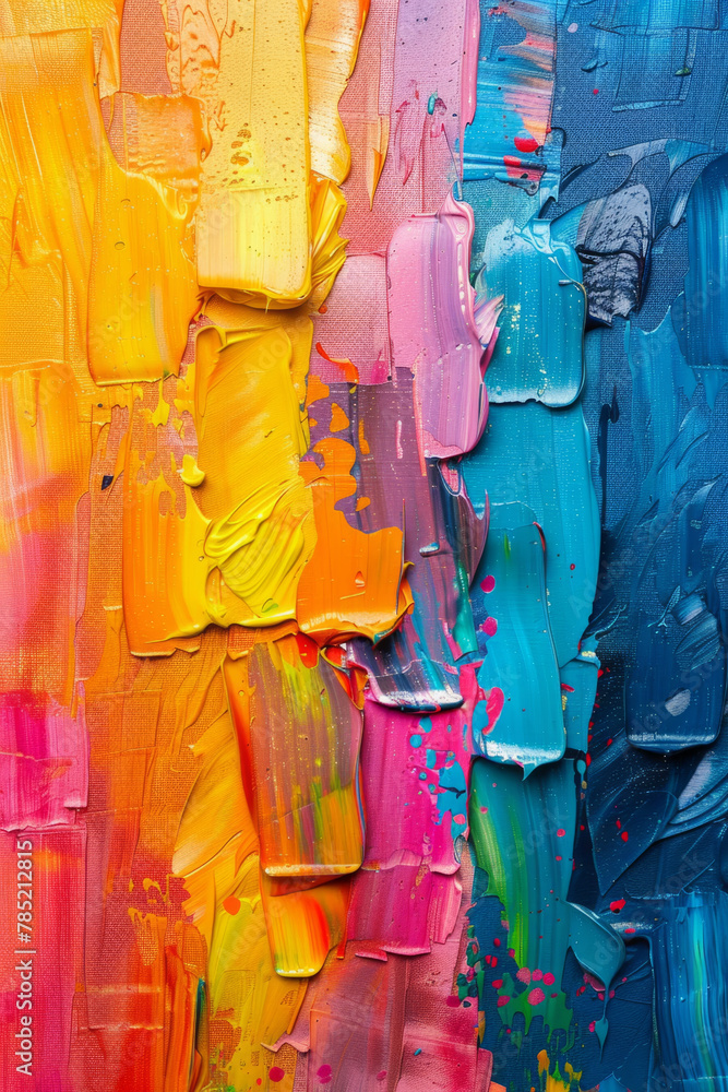 Poster vibrant abstract art painting with colorful oil brushstroke on canvas, creating a rough textured and