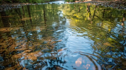 Fototapeta premium Rippling forest stream, close-up of clear water, bird's-eye view, reflecting spring skies