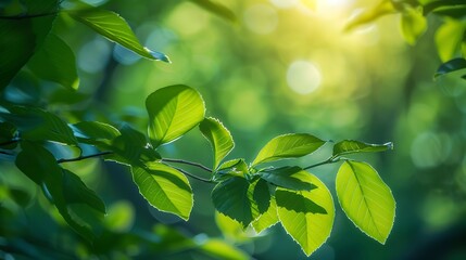 Spring green leaves, soft focus forest background, close-up, low angle, gentle afternoon light