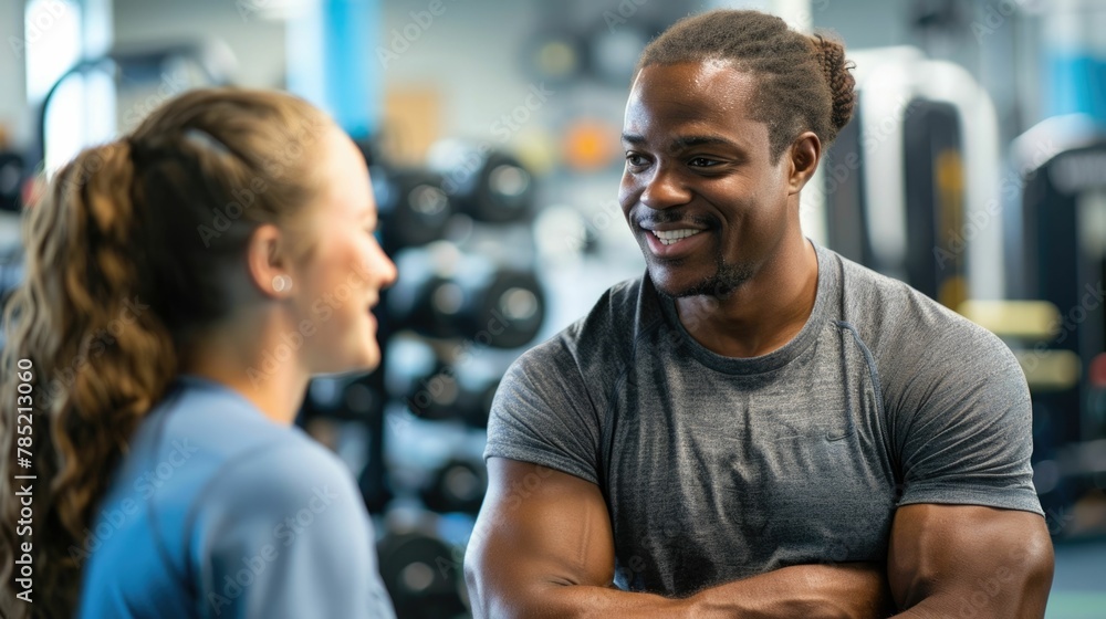 Poster receiving training advice and tips from a fitness instructor for improving workout techniques and ma
