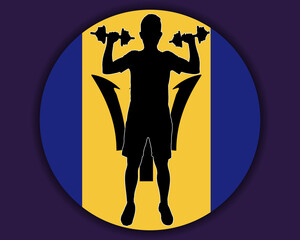 Athlete with dumbbells front of Barbados flag, bodybuilder silhouette vector