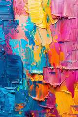 Vibrant abstract art painting with colorful textures created using oil brushstroke and pallet knife technique on canvas.
